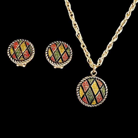 Sarah Coventry Mosaic Necklace Round Pendant and Clip Earrings Set Colorful Vtg - Picture 2 of 12